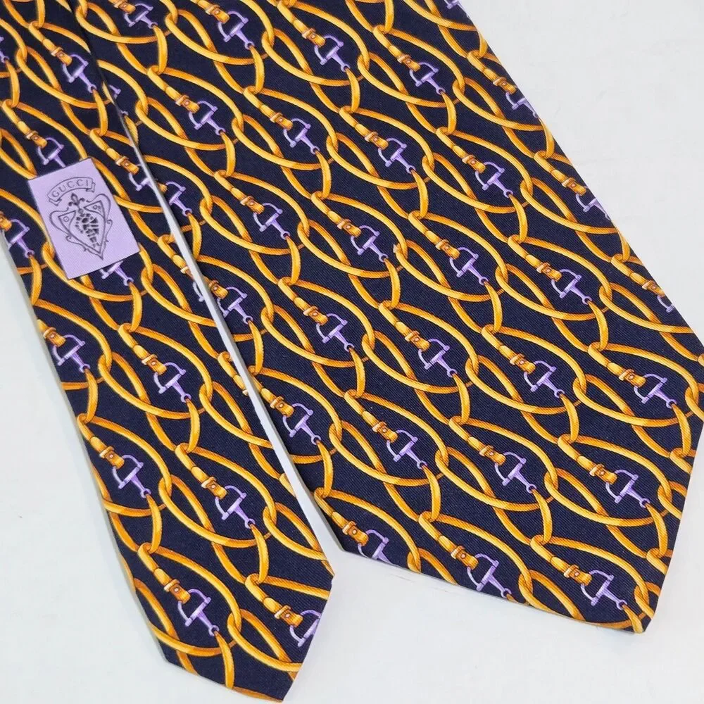 GUCCI Mens Tie Horsebit Pattern bridle‎ belt Silk Italy Blue Gold Old Money